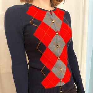 J Crew Argyle Navy and Orange Cardigan